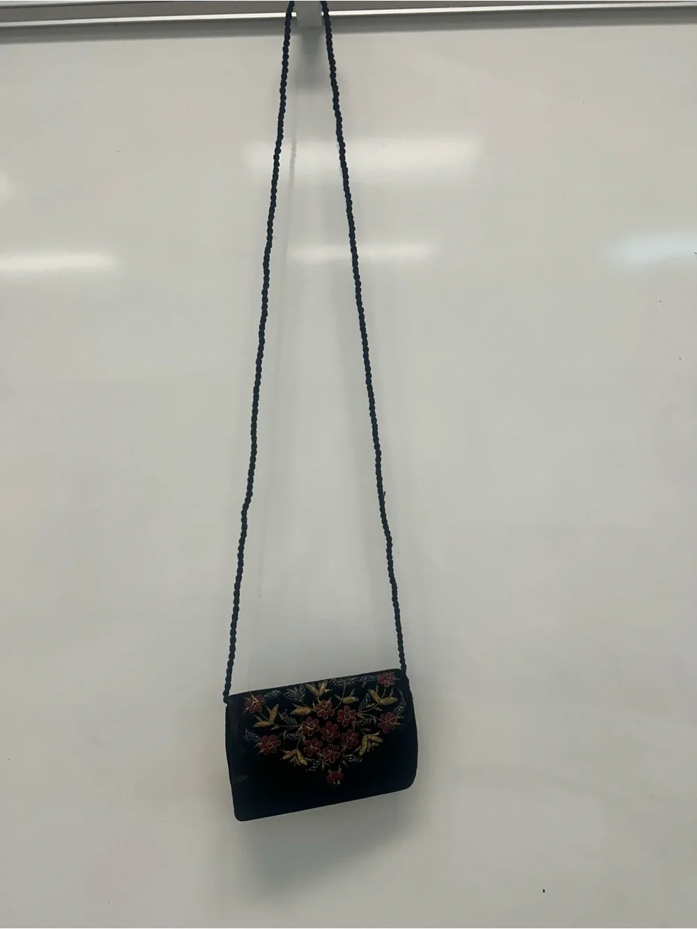 Vintage Embroidered Black Velvet evening Bag/clutch with Red Floral Accents